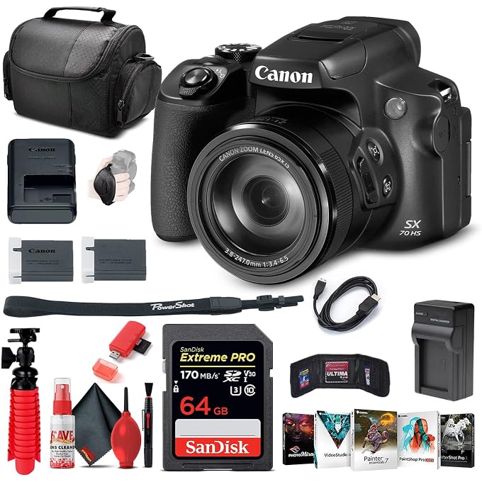 Canon PowerShot SX70 HS Digital Camera with Tripod (3071C001) Bundle | For Photography & Video + 64GB Memory Card + HDMI Cable + Card Reader + Charger + Camera Bag + Photo Software + More - Image 1