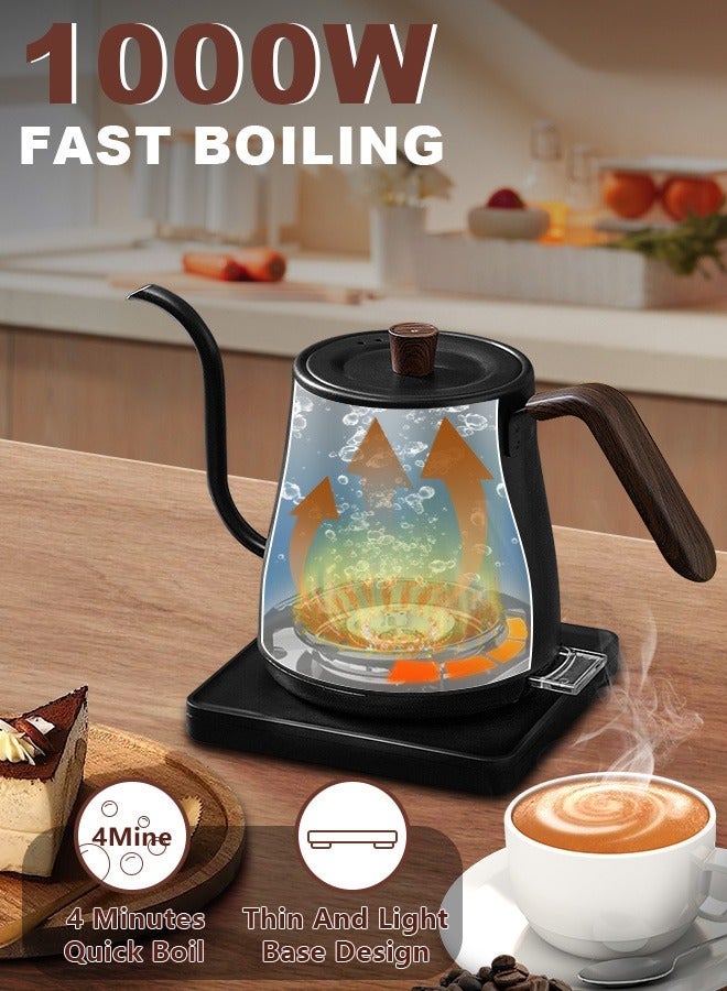 Xoopla Gooseneck Electric Kettle,1000W 0.8L Electrically Heated Household Kettle Perfect for Boiling Water/Milk/Tea/Coffee,Protection from Overheating and Dry Boil,Pour-Over Kettle with 304 Stainless Steel Inner,360-Degree Rotation Base,Auto Safety Off,Wooden Handle,Black - Image 2