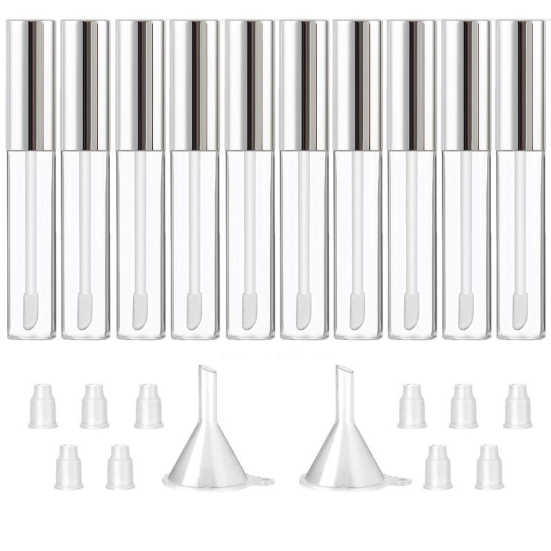 GTHER 10PCS 10ML Empty Lip Gloss Containers Tube with Wand, Refillable Lip Balm Bottles, Lipstick Sample Container and Funnel and Rubber Stoppers for Girls DIY Lip Samples, Silver Top - Image 1