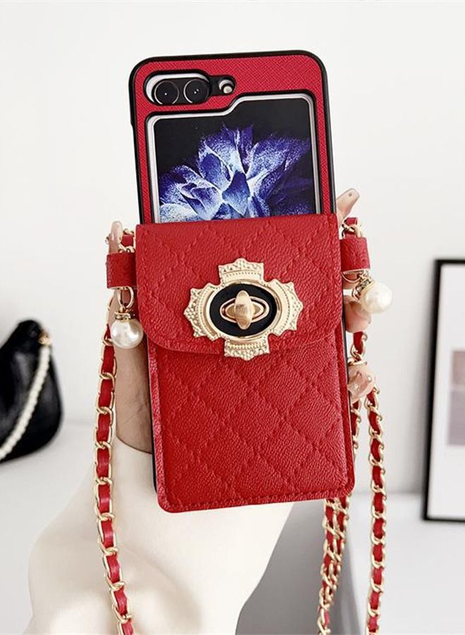 for Samsung Galaxy Z Flip 5 Case with Leather Wallet,Wristlet Strap Zipper Wallet Hinge Part Protected for Samsung Galaxy Z Flip 5,Fashion Handbag Gift for Women Ladys (Red)  - Image 2