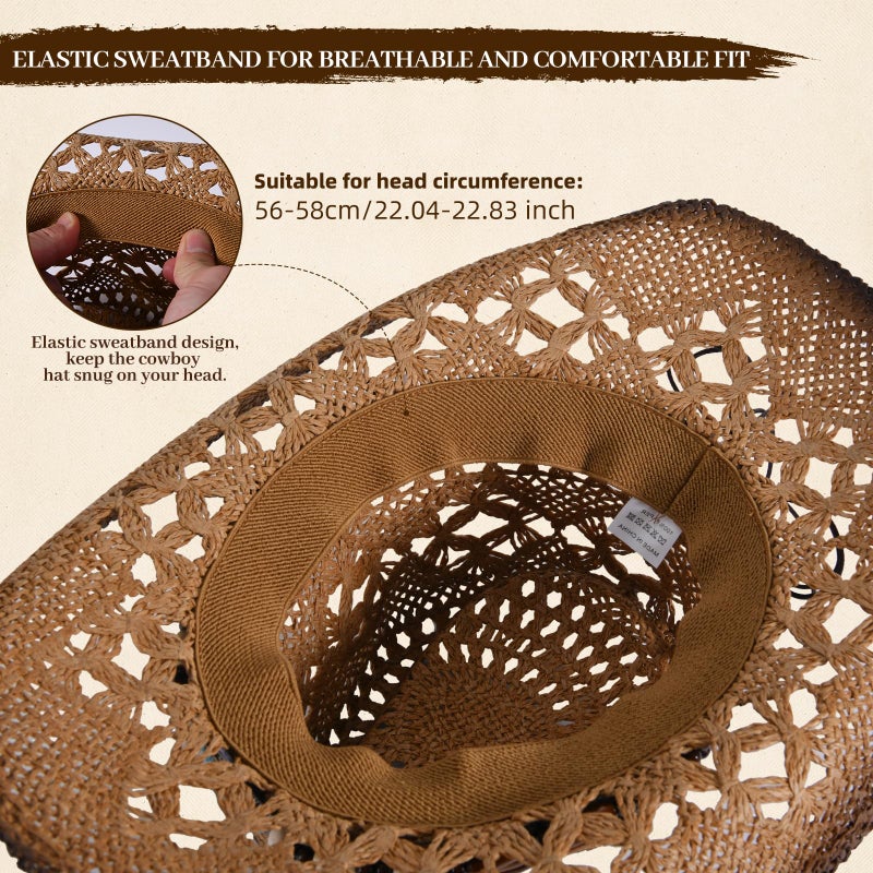 Willheoy Straw Cowboy Hat for Men Womens Straw Cowgirl Hat Summer Western Cowboy Hats with Wide Brim for Cowgirls and Cowboys (US, Alpha, Medium, Brown) - Image 4