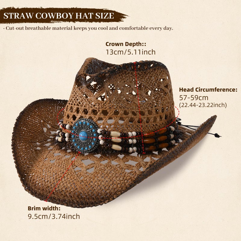 Willheoy Straw Cowboy Hat for Men Womens Straw Cowgirl Hat Summer Western Cowboy Hats with Wide Brim for Cowgirls and Cowboys (US, Alpha, Medium, Brown) - Image 3