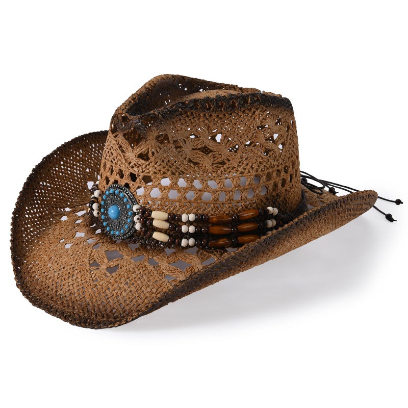 Willheoy Straw Cowboy Hat for Men Womens Straw Cowgirl Hat Summer Western Cowboy Hats with Wide Brim for Cowgirls and Cowboys (US, Alpha, Medium, Brown) - Image 1