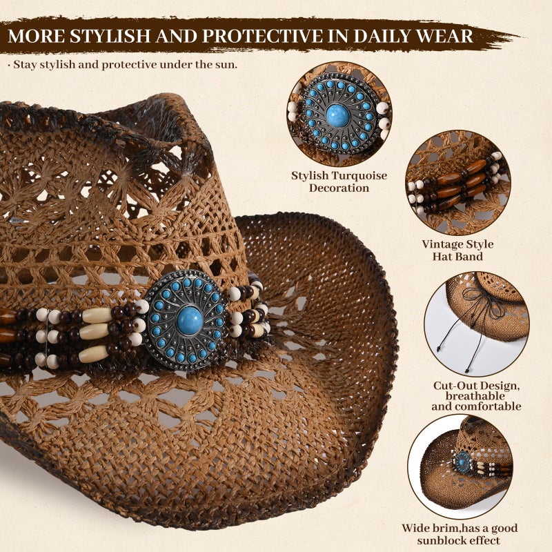 Willheoy Straw Cowboy Hat for Men Womens Straw Cowgirl Hat Summer Western Cowboy Hats with Wide Brim for Cowgirls and Cowboys (US, Alpha, Medium, Brown) - Image 2