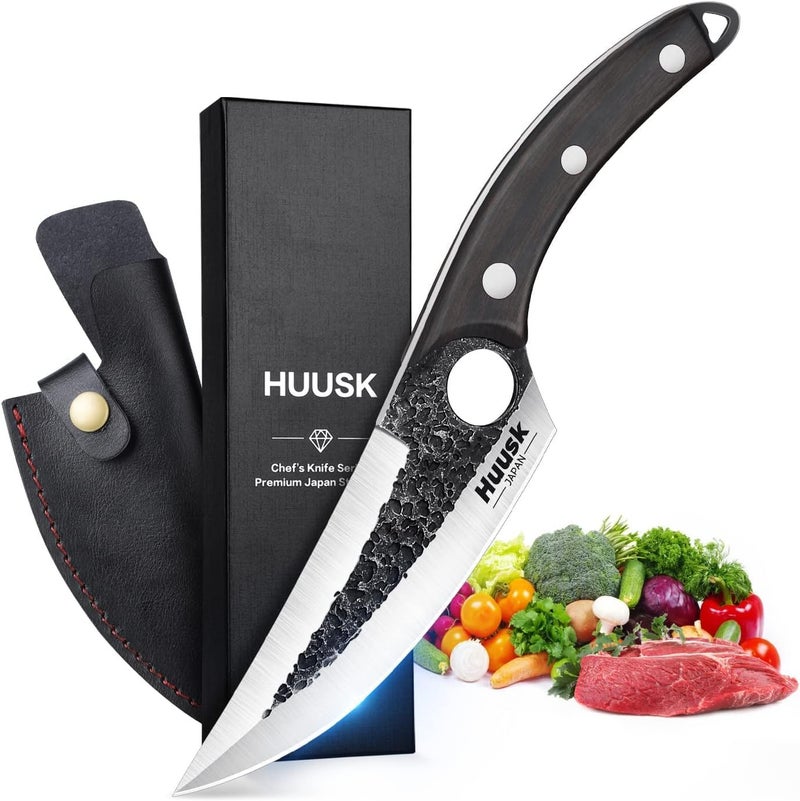 Huusk Viking Knife with Sheath Boning Knives for Meat Cutting, Caveman Ultimo Knives Hand Forged Full Tang Knives for Kitchen or Camping Gifts for Dad Christmas Gift for Men and Women - Image 1