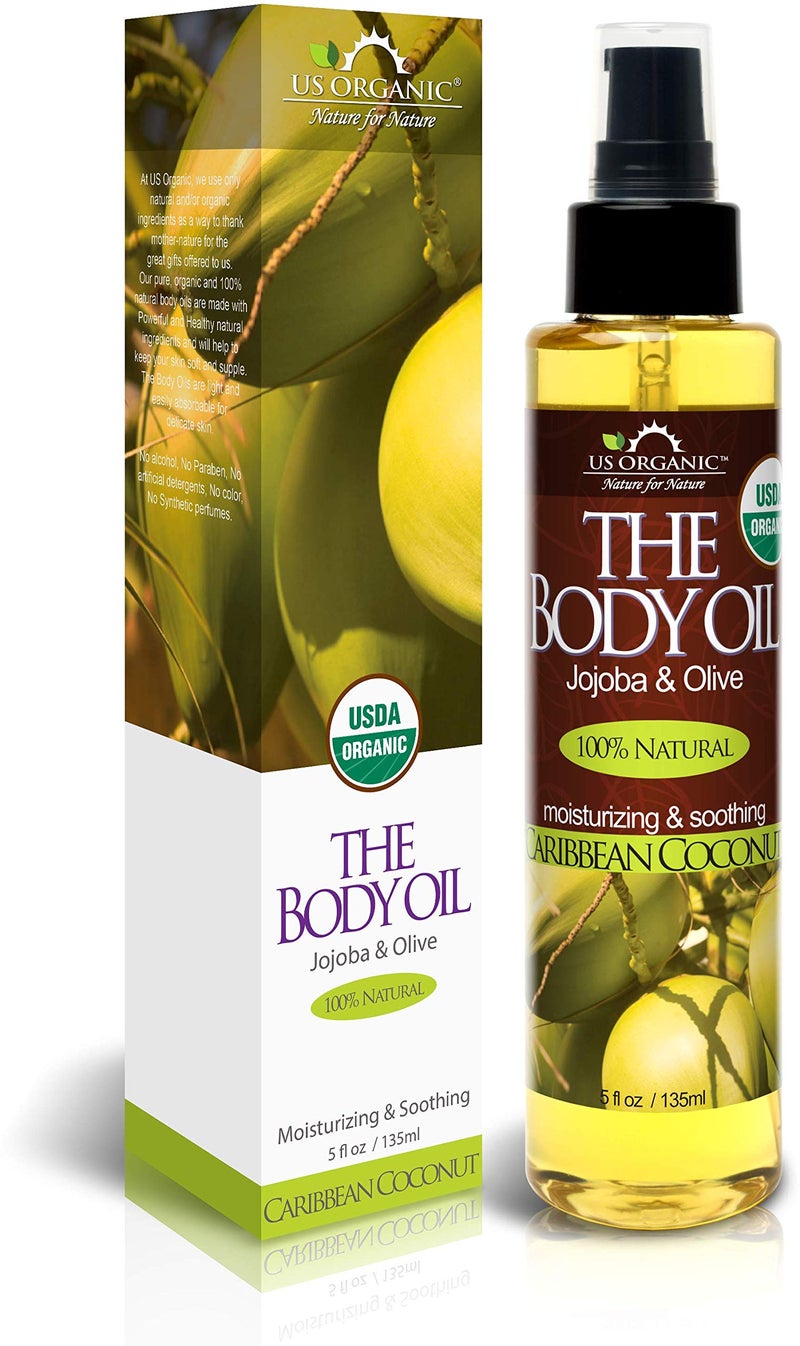 US Organic Body Oil, Smooth Caribbean Coconut - Jojoba and Olive Oil with Vitamin E, USDA Certified, No Alcohol, Paraben, Artificial Detergents, Color or Synthetic perfume, 5 Fl.oz (Caribbean Coconut) - Image 1