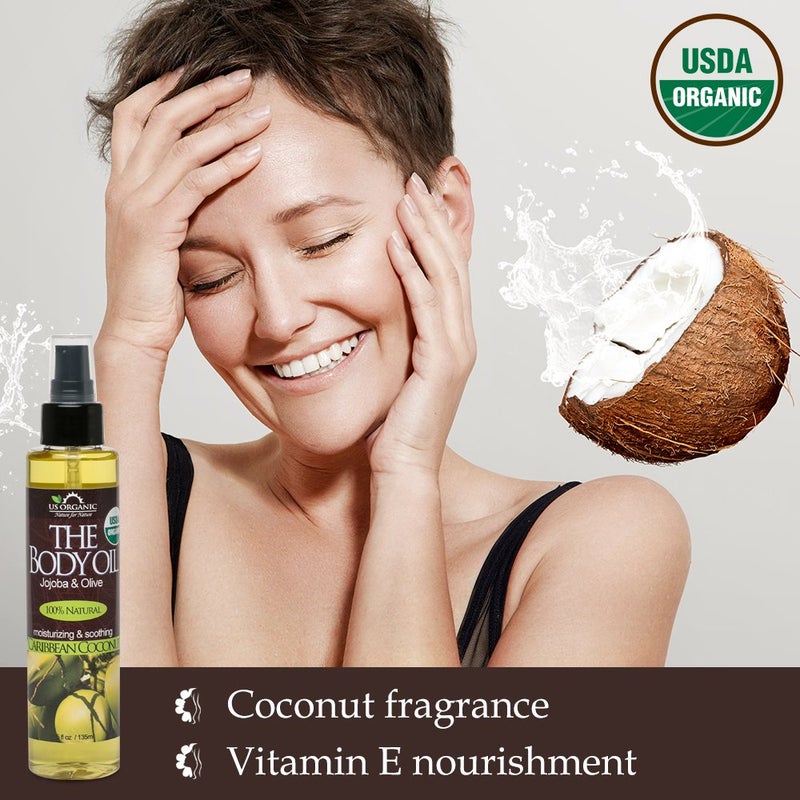 US Organic Body Oil, Smooth Caribbean Coconut - Jojoba and Olive Oil with Vitamin E, USDA Certified, No Alcohol, Paraben, Artificial Detergents, Color or Synthetic perfume, 5 Fl.oz (Caribbean Coconut) - Image 5