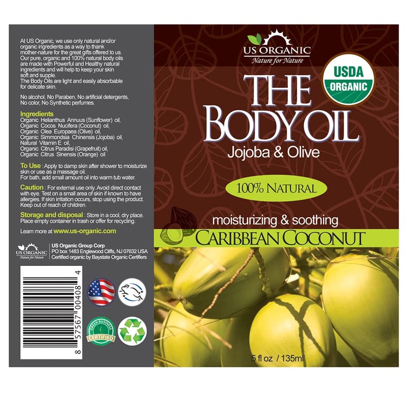 US Organic Body Oil, Smooth Caribbean Coconut - Jojoba and Olive Oil with Vitamin E, USDA Certified, No Alcohol, Paraben, Artificial Detergents, Color or Synthetic perfume, 5 Fl.oz (Caribbean Coconut) - Image 2