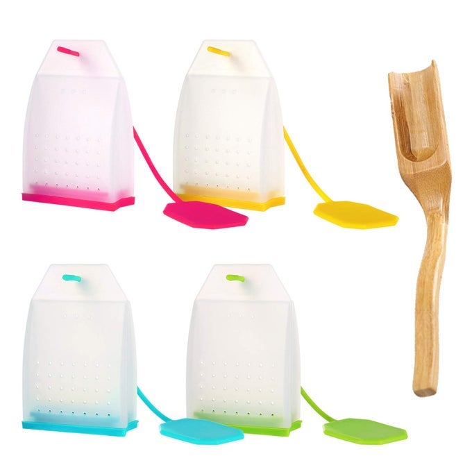 SILICONE TEA INFUSER 4 PACK LOOSE LEAF TEA FILTER BAGS STRAINER WITH SPOON