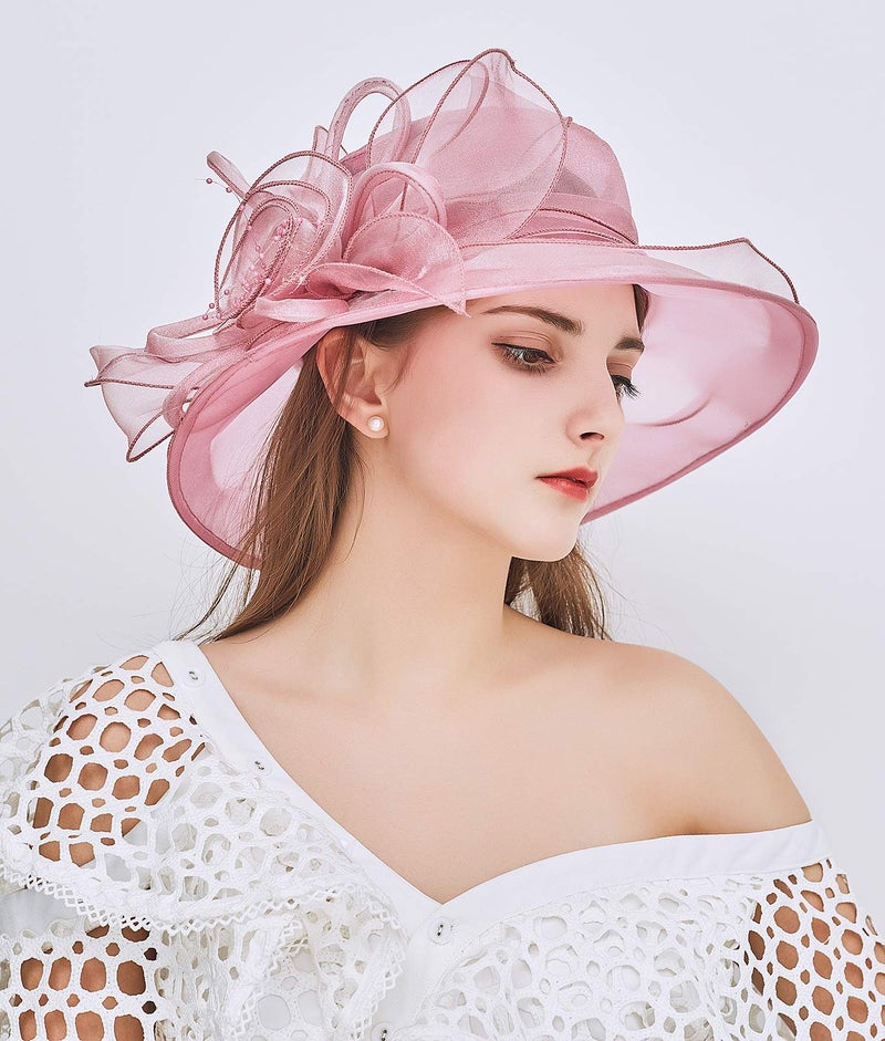 ZX Z and X Organza Church Fascinator Kentucky Derby Hats for Women Flower Wedding Tea Party Hat Wide Brim Sun Hat Pink,purple,One Size - Image 3
