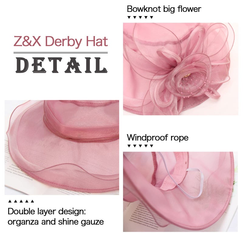 ZX Z and X Organza Church Fascinator Kentucky Derby Hats for Women Flower Wedding Tea Party Hat Wide Brim Sun Hat Pink,purple,One Size - Image 5