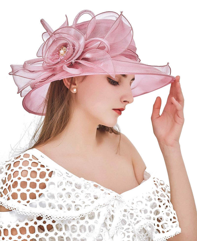 ZX Z and X Organza Church Fascinator Kentucky Derby Hats for Women Flower Wedding Tea Party Hat Wide Brim Sun Hat Pink,purple,One Size - Image 1
