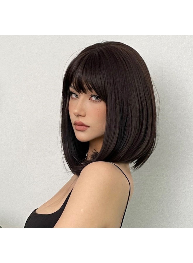 Joudi Bob Wig For Women Full Head,Short Bob Wig Dark Brown,Synthetic Shoulder Length Short Hair Wig With Bangs,Straight Bob Wig For Women Daily Use Diwali Cosplay 12Inch - Image 4