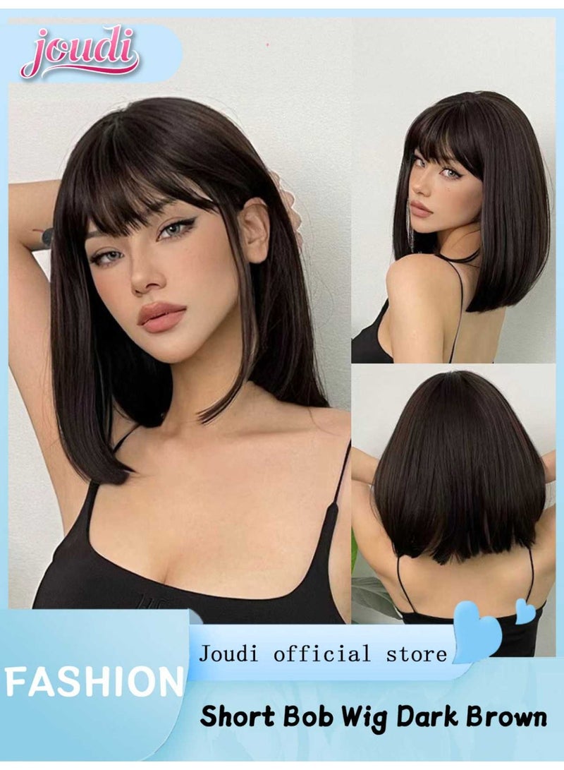 Joudi Bob Wig For Women Full Head,Short Bob Wig Dark Brown,Synthetic Shoulder Length Short Hair Wig With Bangs,Straight Bob Wig For Women Daily Use Diwali Cosplay 12Inch - Image 1
