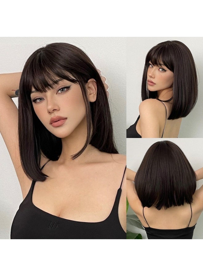 Joudi Bob Wig For Women Full Head,Short Bob Wig Dark Brown,Synthetic Shoulder Length Short Hair Wig With Bangs,Straight Bob Wig For Women Daily Use Diwali Cosplay 12Inch - Image 2