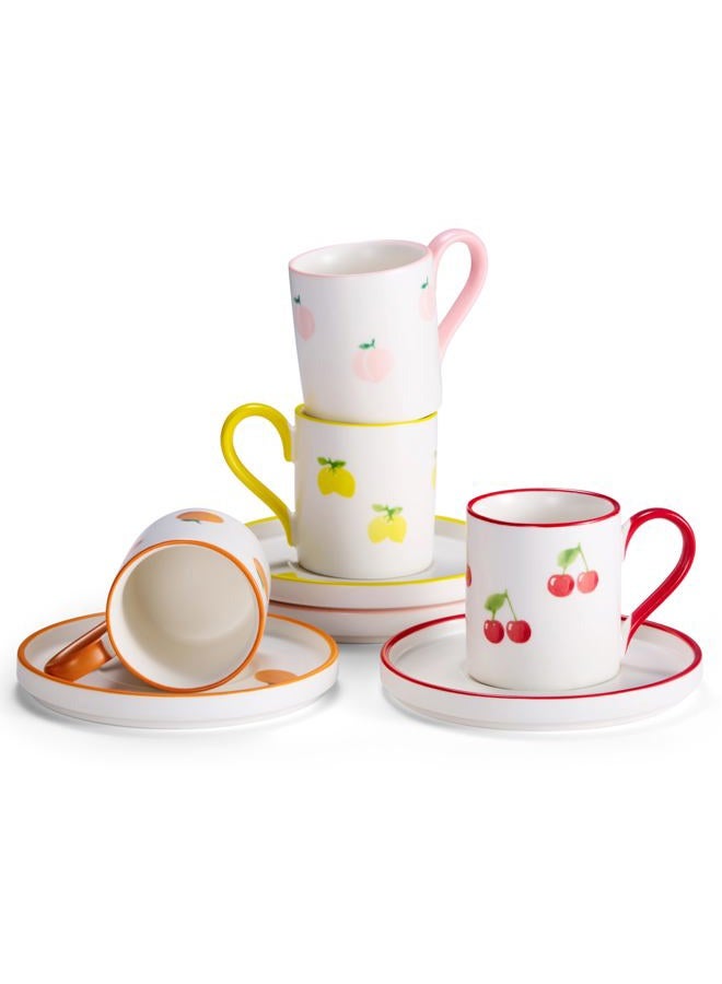 Kook Espresso Cups and Saucers, Hand Painted, Porcelain Demitasse Set with Colorful Fruit Patterns, Dishwasher & Microwave Safe, Holiday Gift, 3 oz, Set of 4 - Image 1