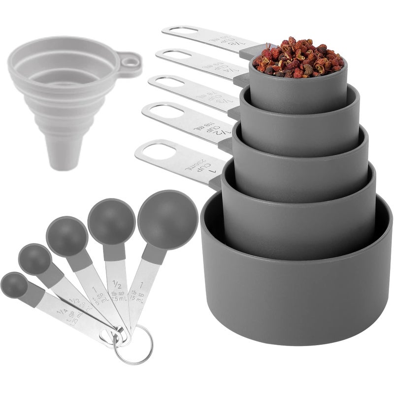 Measuring Cups and Spoons Set of Huygens Kitchen Gadgets 10 Pieces Stackable Stainless Steel Handle Measuring Cups for Measuring Dry and Liquid Ingredient Gray