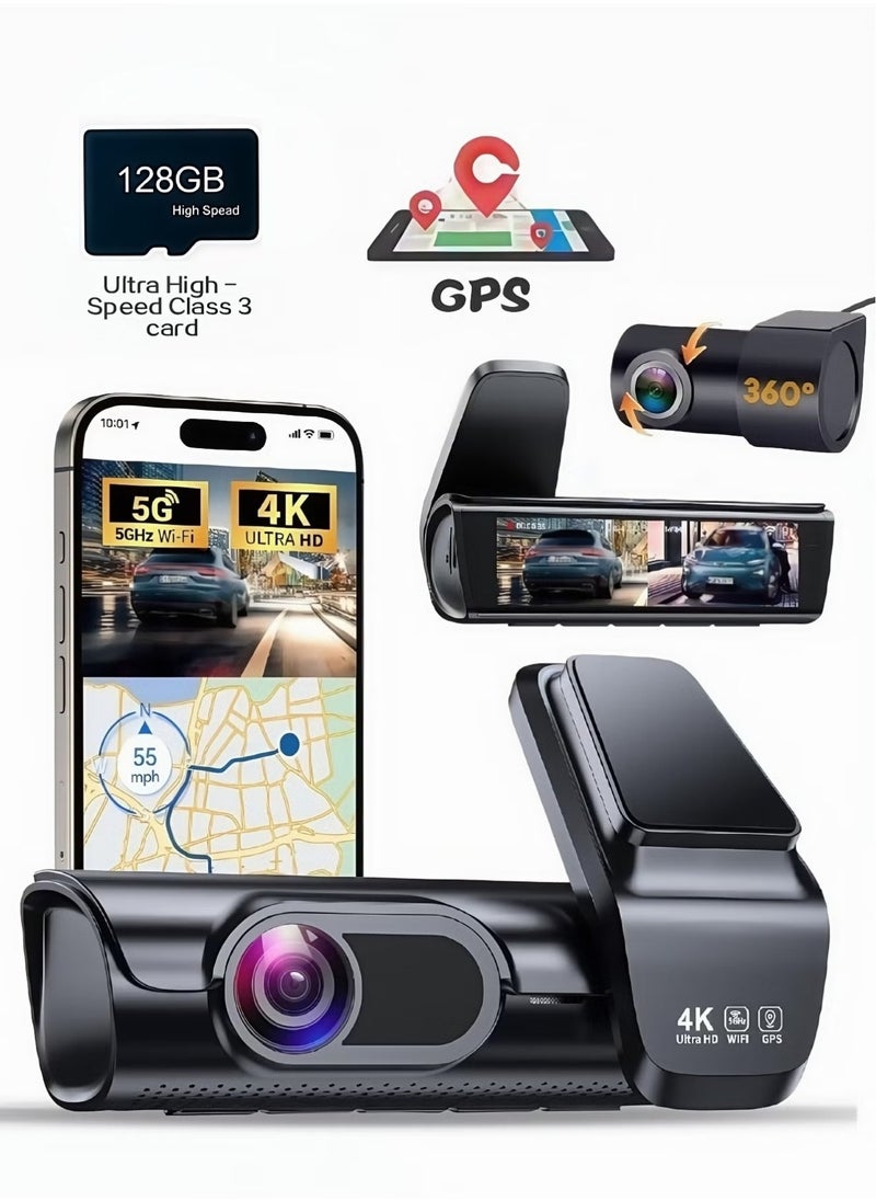 Generic - 4k 8MP Dash Cam Front and Rear, 3.59" IPS Screen, Built-in GPS 5G WiFi Dash Camera for Cars with App, UHD 2160P Night Vision Free 128G SD Card, 170° Wide Angle, HDR, ADAS,24H Parking Mode - Image 1