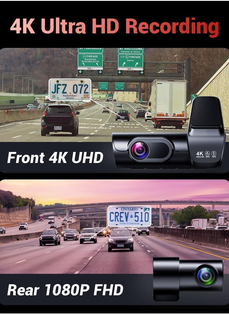 Generic - 4k 8MP Dash Cam Front and Rear, 3.59" IPS Screen, Built-in GPS 5G WiFi Dash Camera for Cars with App, UHD 2160P Night Vision Free 128G SD Card, 170° Wide Angle, HDR, ADAS,24H Parking Mode - Image 1