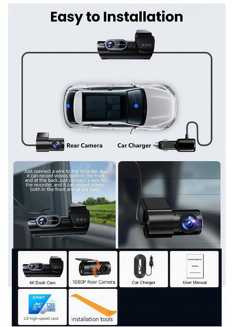 Generic - 4k 8MP Dash Cam Front and Rear, 3.59" IPS Screen, Built-in GPS 5G WiFi Dash Camera for Cars with App, UHD 2160P Night Vision Free 128G SD Card, 170° Wide Angle, HDR, ADAS,24H Parking Mode - Image 1