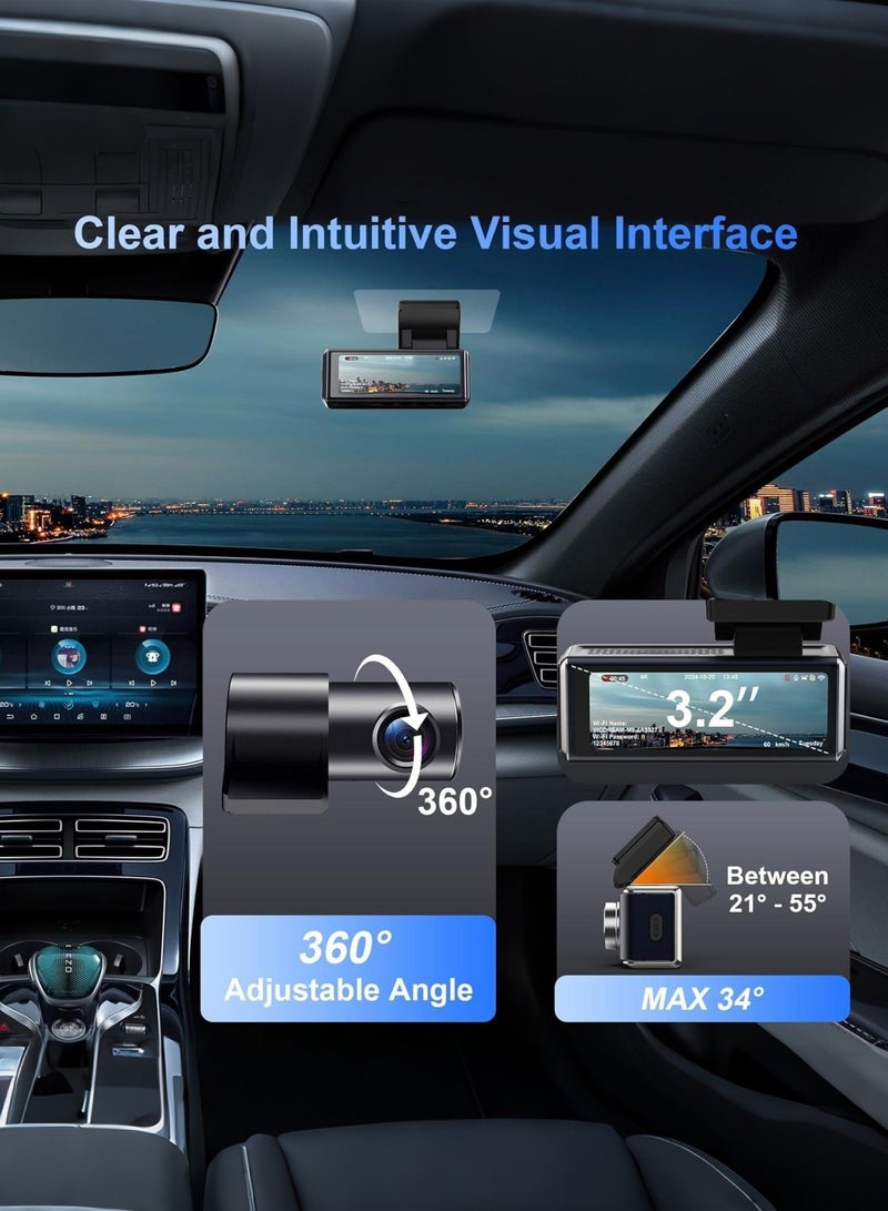 4K كاميرا داش أمامية وخلفية بدقة 8 ميجابكسل، شاشة IPS مقاس 3.59 بوصة، مزودة بGPS وWiFi 5G، كاميرا داش للسيارات مع تطبيق، رؤية ليلية بدقة 2160P UHD، مع بطاقة SD 128G مجانًا، زاوية واسعة 170°، HDR، ADAS، وضع انتظار 24 ساعة. - Image 3