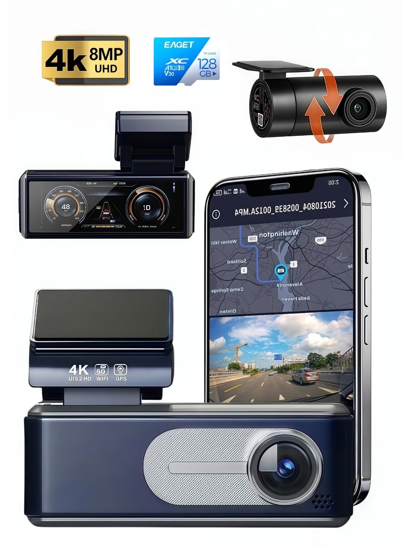4K كاميرا داش أمامية وخلفية بدقة 8 ميجابكسل، شاشة IPS مقاس 3.59 بوصة، مزودة بGPS وWiFi 5G، كاميرا داش للسيارات مع تطبيق، رؤية ليلية بدقة 2160P UHD، مع بطاقة SD 128G مجانًا، زاوية واسعة 170°، HDR، ADAS، وضع انتظار 24 ساعة. - Image 1
