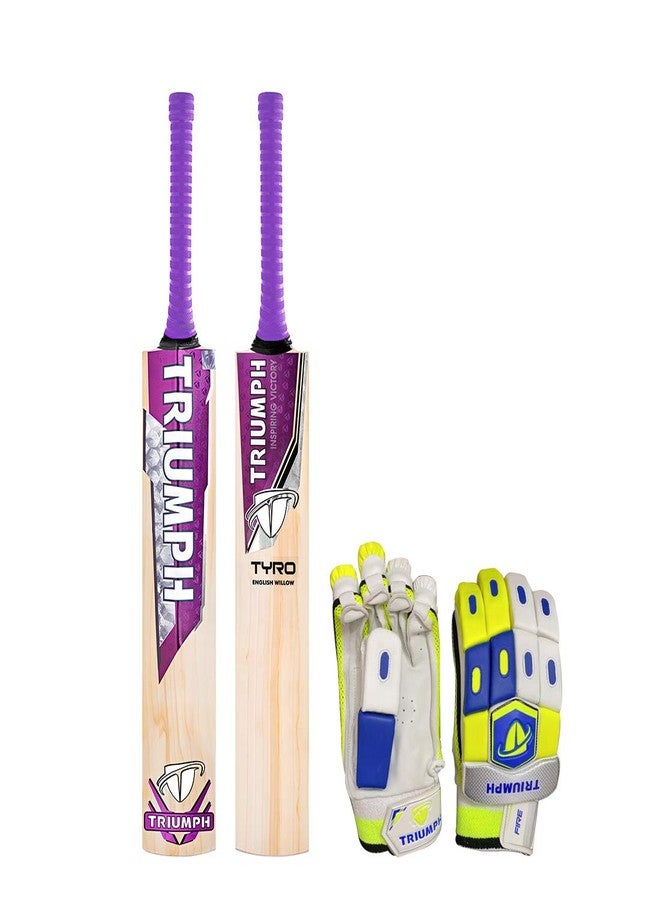 ترايامف مضرب كريكيت رجالي من خشب الصفصاف الإنجليزي من تريومف تايرو وقفازات كريكيت للرجال من تريومف فاير (يسار/يمين) - Image 1