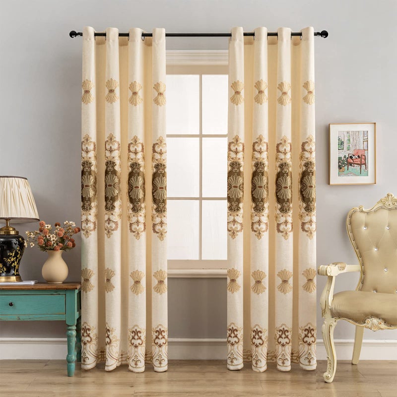 ELKCA Beige Chenille Curtain with Classical Embroidered Pattern for Living Room European Curtains for BedroomGrommet Top52 W x 84 L2 Panels
