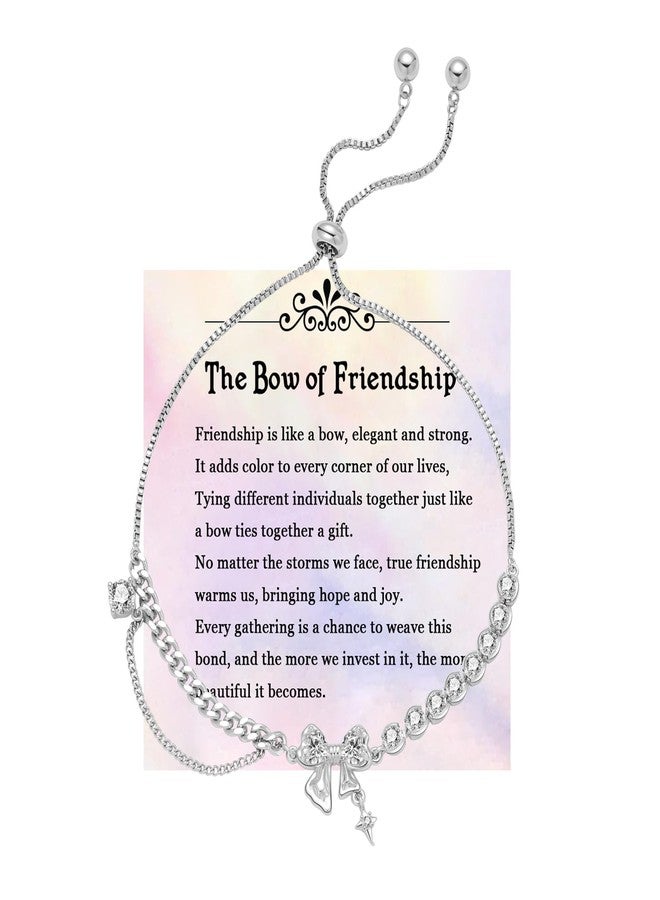 DivaGlamz Bow Zircon Bracelet - Friendship Is Like A Bow For Women, Adjustable Ribbon Bow Beaded Chain White Pink CZ Friendship Bracelets To My Best Friend Fashion Gifts Jewelry (Bow Silver-1) - Image 1