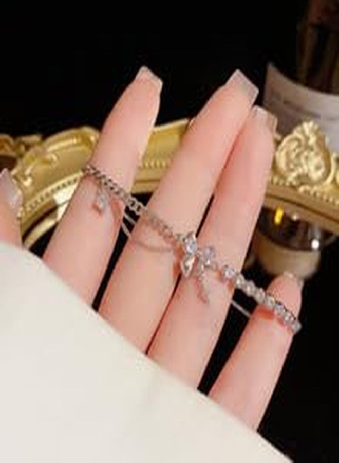 DivaGlamz Bow Zircon Bracelet - Friendship Is Like A Bow For Women, Adjustable Ribbon Bow Beaded Chain White Pink CZ Friendship Bracelets To My Best Friend Fashion Gifts Jewelry (Bow Silver-1) - Image 2