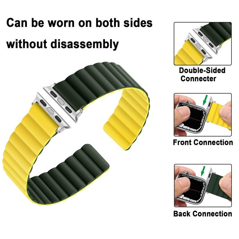 Anlinser Magnetic Bands Compatible with Apple Watch Band 49/46/45 44/42/41/40/38mm, Women Men Double Side Reversible Strap for iWatch Ultra 3-1 Series 11/10/9/8/7-1 SE(49/46/45/44/42,Green/Yellow) - Image 3