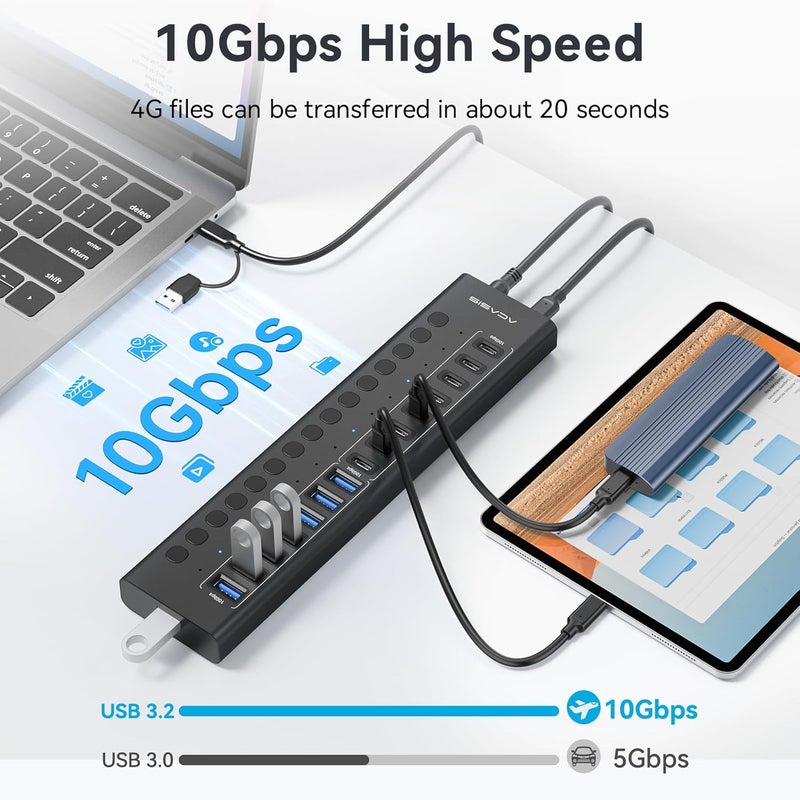 أكاسيس محور USB 3.2 مزود بالطاقة، 16 منفذ USB 3.2 (8 منافذ USB-A 3.2 + 8 منافذ USB-C 3.2)، محور USB من الألومنيوم مزود بمحول طاقة 96 واط، محور USB لأجهزة الكمبيوتر/الكمبيوتر المحمول، الكمبيوتر، محرك الفلاش، الطابعة، الكاميرا - Image 4