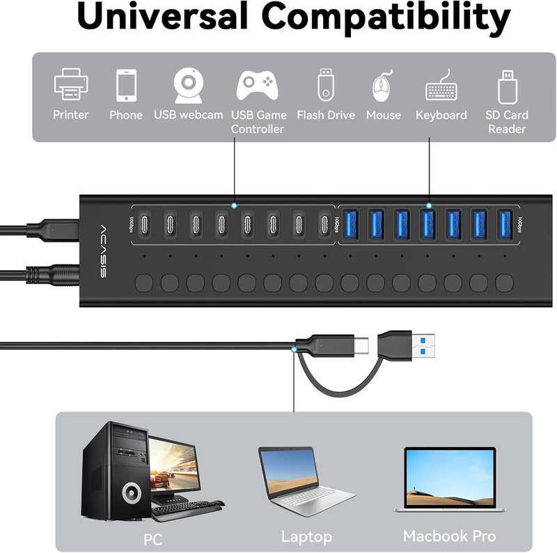 أكاسيس محور USB 3.2 مزود بالطاقة، 16 منفذ USB 3.2 (8 منافذ USB-A 3.2 + 8 منافذ USB-C 3.2)، محور USB من الألومنيوم مزود بمحول طاقة 96 واط، محور USB لأجهزة الكمبيوتر/الكمبيوتر المحمول، الكمبيوتر، محرك الفلاش، الطابعة، الكاميرا - Image 5