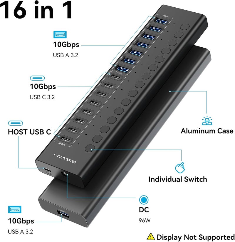 أكاسيس محور USB 3.2 مزود بالطاقة، 16 منفذ USB 3.2 (8 منافذ USB-A 3.2 + 8 منافذ USB-C 3.2)، محور USB من الألومنيوم مزود بمحول طاقة 96 واط، محور USB لأجهزة الكمبيوتر/الكمبيوتر المحمول، الكمبيوتر، محرك الفلاش، الطابعة، الكاميرا - Image 2