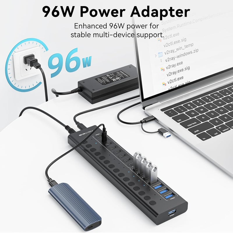 أكاسيس محور USB 3.2 مزود بالطاقة، 16 منفذ USB 3.2 (8 منافذ USB-A 3.2 + 8 منافذ USB-C 3.2)، محور USB من الألومنيوم مزود بمحول طاقة 96 واط، محور USB لأجهزة الكمبيوتر/الكمبيوتر المحمول، الكمبيوتر، محرك الفلاش، الطابعة، الكاميرا - Image 3