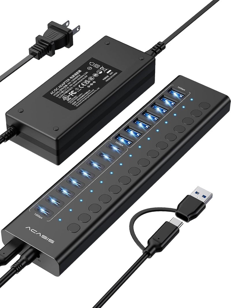 أكاسيس محور USB 3.2 مزود بالطاقة، 16 منفذ USB 3.2 (8 منافذ USB-A 3.2 + 8 منافذ USB-C 3.2)، محور USB من الألومنيوم مزود بمحول طاقة 96 واط، محور USB لأجهزة الكمبيوتر/الكمبيوتر المحمول، الكمبيوتر، محرك الفلاش، الطابعة، الكاميرا - Image 1