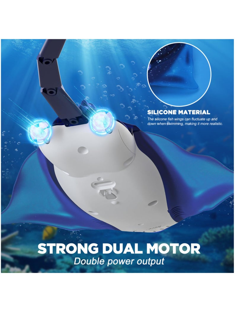 SOLARAE Remote Control Boat High-Simulation Diving Manta Ray Pool Toys for Kids Age 4+, 2.4gz RC Boat Stingray Robot Fish Toy with LED Lights for Lake Swimming Pool Bathroom, Blue - Image 2