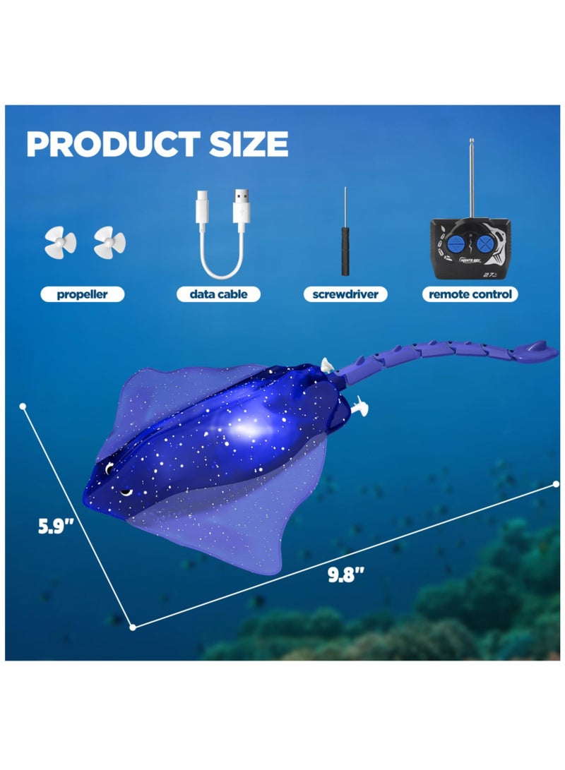 SOLARAE Remote Control Boat High-Simulation Diving Manta Ray Pool Toys for Kids Age 4+, 2.4gz RC Boat Stingray Robot Fish Toy with LED Lights for Lake Swimming Pool Bathroom, Blue - Image 5
