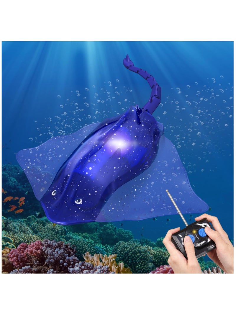 SOLARAE Remote Control Boat High-Simulation Diving Manta Ray Pool Toys for Kids Age 4+, 2.4gz RC Boat Stingray Robot Fish Toy with LED Lights for Lake Swimming Pool Bathroom, Blue - Image 1