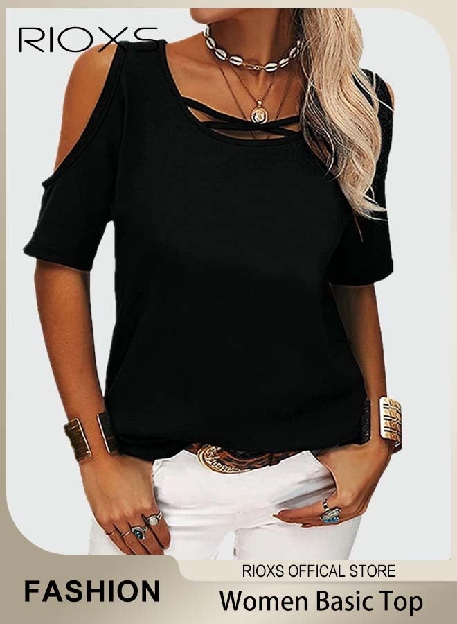 RIOXS Womens Short Sleeve T-Shirts Crew Neck Basic Blouse Casual Tops  - Image 1