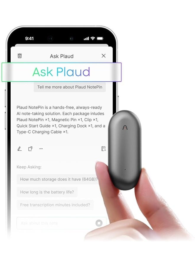 بلود مسجل الصوت Plaud NotePin، مسجل صوت بتقنية الذكاء الاصطناعي، تحكم عبر التطبيق، مدوّن ملاحظات بتقنية الذكاء الاصطناعي، نسخ وتلخيص بتقنية الذكاء الاصطناعي، يدعم 112 لغة، ذاكرة 64 جيجابايت، مسجل صوت للمحاضرات والاجتماعات، لون رمادي كوني - Image 1