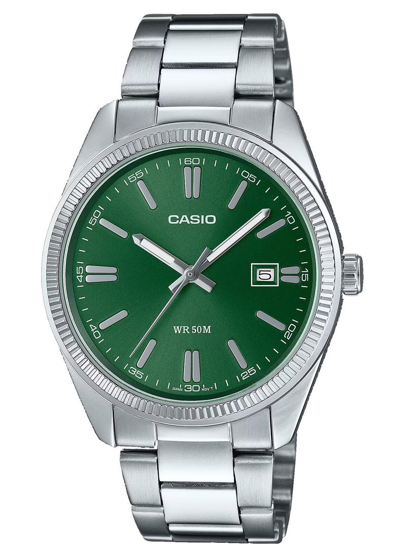 CASIO - Casio Men's Watch - MTP-1302PD-3AVEF Green Dial, Silver Band - Image 1
