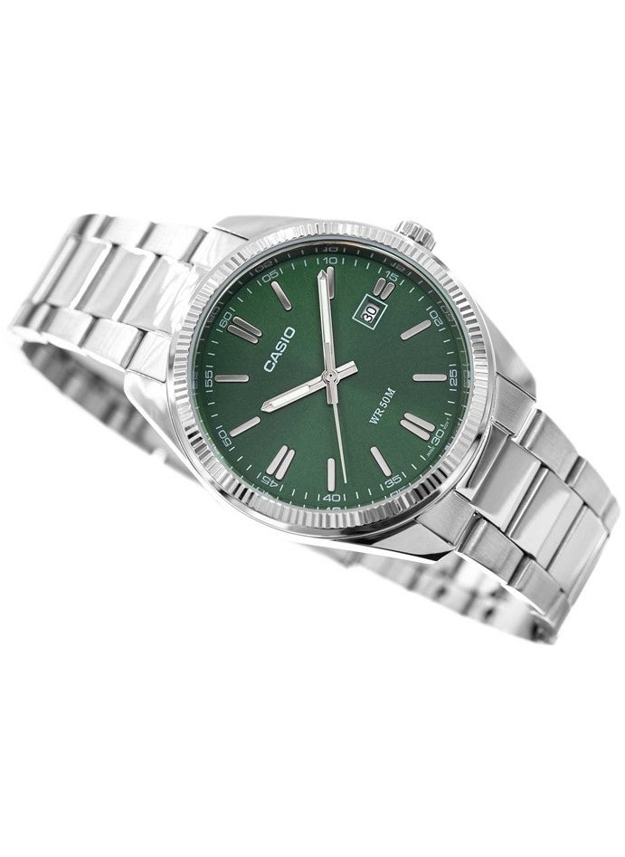 CASIO - Casio Men's Watch - MTP-1302PD-3AVEF Green Dial, Silver Band - Image 1