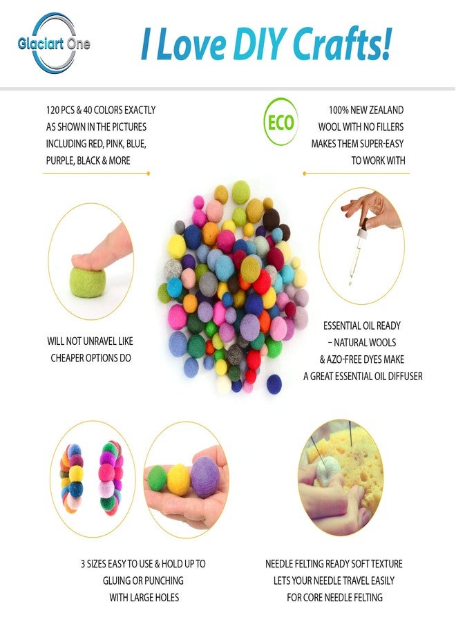 Glaciart One Felt Pom Poms, Wool Balls (120 Pcs) 3 Sizes: 1.5 cm, 2 cm & 2.5 cm, Handmade Felted 40 Color (Red, Pink, Blue, Orange, Yellow, White, Pastel & More),Bulk Small Puff for Felting &Garland - Image 2
