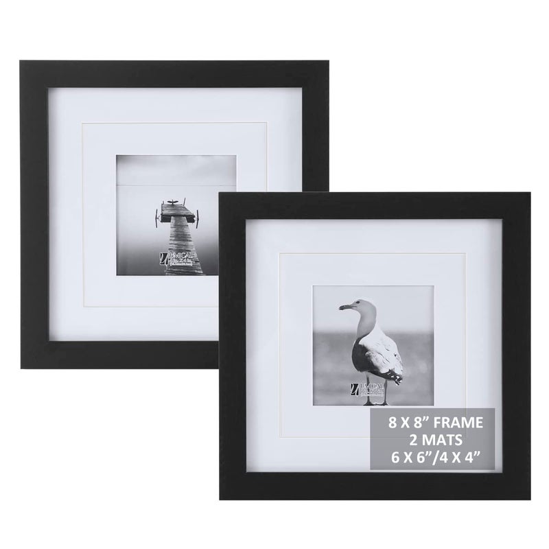 UMICAL 8x8 Picture Frames Set of 2 Display 6x6 or 4x4 Pictures with Mat or 8x8 Pictures without Mat Square Wood Black Photo Frames with HD Plexiglass for Tabletop Stand and Wall Mounting - Image 1