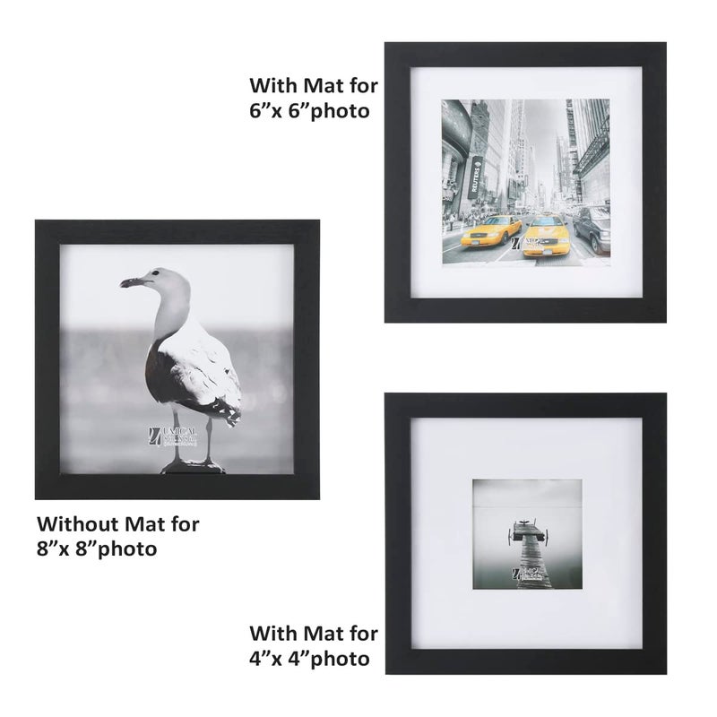 UMICAL 8x8 Picture Frames Set of 2 Display 6x6 or 4x4 Pictures with Mat or 8x8 Pictures without Mat Square Wood Black Photo Frames with HD Plexiglass for Tabletop Stand and Wall Mounting - Image 2