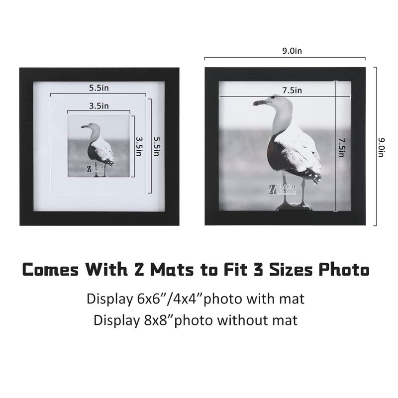 UMICAL 8x8 Picture Frames Set of 2 Display 6x6 or 4x4 Pictures with Mat or 8x8 Pictures without Mat Square Wood Black Photo Frames with HD Plexiglass for Tabletop Stand and Wall Mounting - Image 3