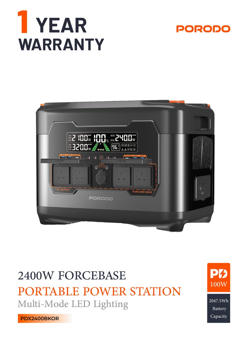 بورودو محطة طاقة محمولة Forcebase بقوة 2400 واط وسعة 2047.5 واط في الساعة مع إضاءة LED متعددة الأوضاع ومولد شحن سريع PD 100 واط / متوافق مع بطارية PDX2400EPBK / مدخل طاقة شمسية فعال / طاقة احتياطية فورية / منافذ إخراج متعددة الاستخدامات / شحن بالطاقة الشمسية / ميزات أمان ذكية - أسود - Image 1