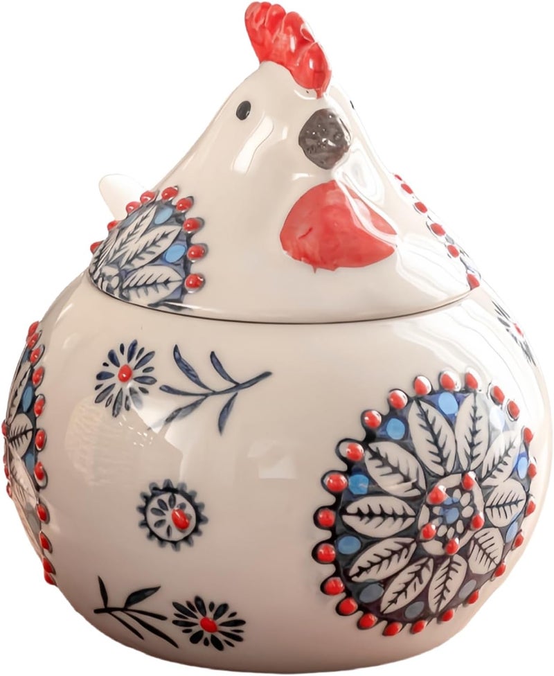Frezonika Ceramic Salt Cellar with Lid and Spoon, 13 OZ Large Chicken Salt Jar, Salt Holder for Counter, Coffee, Sugar, Spices and Candies, Salt Containers for Countertop (Blue) - Image 1