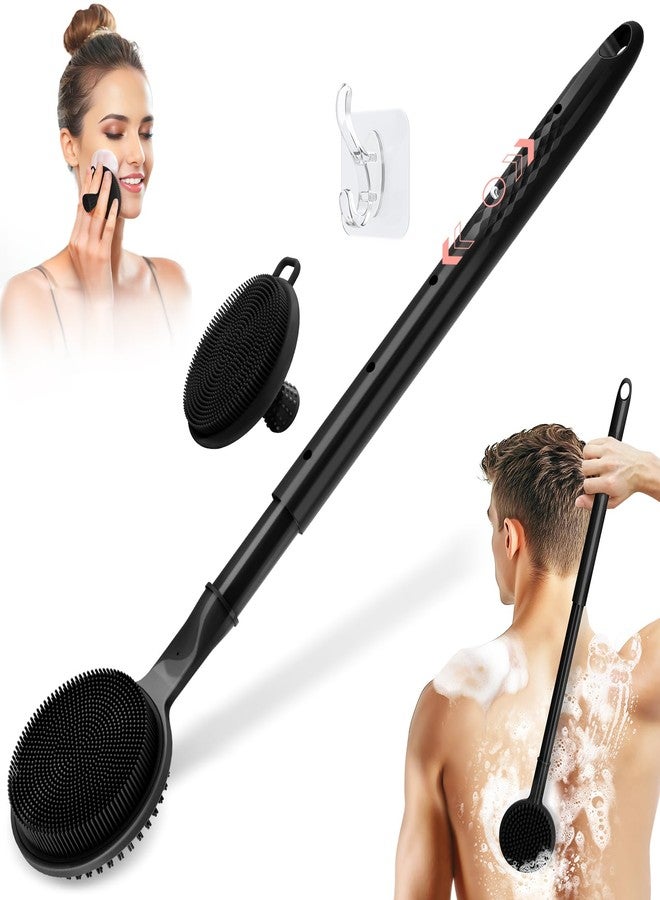 GEENOA Adjustable Silicone Back & Face Scrubber Set, 16''-24'' Extendable Shower Back Scrubber with Dual-Side Head and Lathering Bristles, Manual Face Scrubber with Soft Bristle Non-Slip Handle(Black) - Image 1